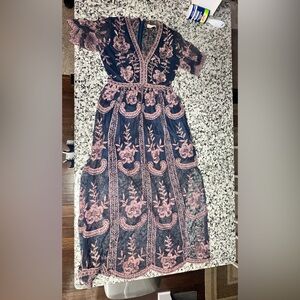 Altar'd State Navy Maxi Dress with Blush Floral Embroidery